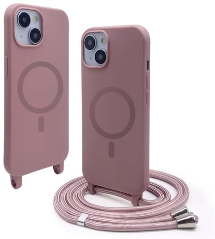 BGHHEU Silicone Coque Magnétique pour iPhone 13 Mini avec Cordon,Compatible avec MagSafe,Étui Housse Silicone avec Portable Lanyard Réglable, Rose Gold