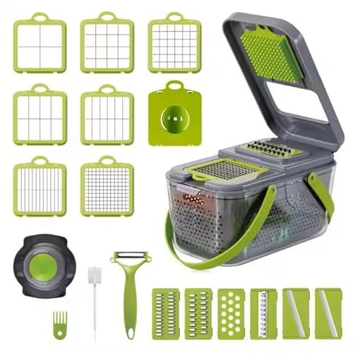 Coupe-Légumes Multifonction 22 en 1 avec 13 Lames Inox, Mandoline avec Bac 2,4L, Égouttoir, Poignées, Boîte de Rangement Frigo, hachoir, Râpe et Éminceur Fruits Légumes Fromage