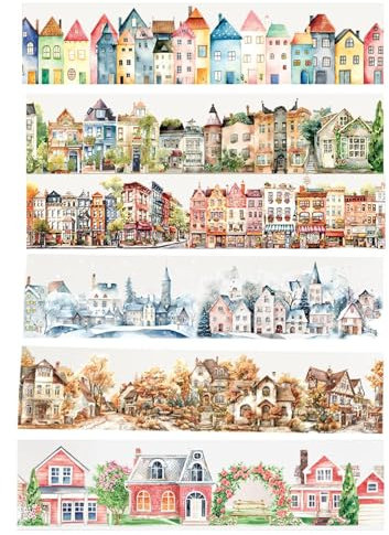 Own Scrapbook Stickers, 6x Town Landscape Decorative Stickers, Water-Resistant Adhesive, Vintage Aesthetic, D I Y Arts And Crafts Tape, Perfect For Journals, Planners, Scrapbooking