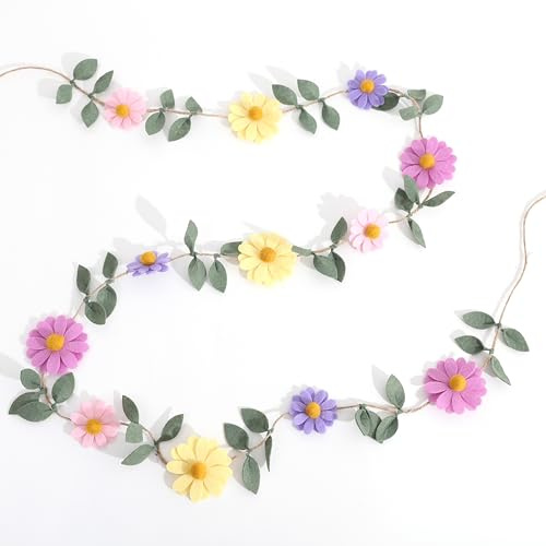 Felt Colorful Daisy Banner - Spring Birthday Wedding Party Decorations,Colorful Flowers Green Leaves Chain Garland,Flower Leaf Party Photo Props,Bohemian Daisy Home Room Hanging Garland