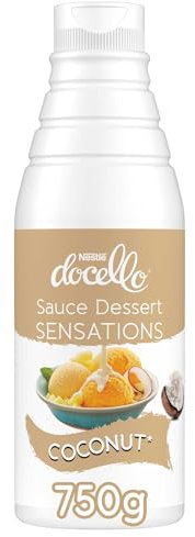 NESTLE DOCELLO Sauce Sensation Coconut - Sauce Dessert Noix de Coco - Inclusions Noix-de-Coco Râpée - Prête-à-l'emploi - Aide à la Pâtisserie, Topping, Nappage, Coulis - Bouteille Squeeze - 750g