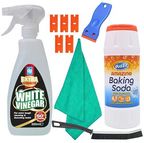Baking soda for Cleaning (500 gr) and White Vinegar Spray Extra Strength (500 ml) Bundle with Glameno Crevice Brush, Microfiber Cloth and Plastic Scraper