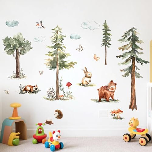 Wandtattoo Waldtiere Baum Reh Fuchs Igel Vogel Pilz Groß Wandaufkleber für Kinderzimmer Babyzimmer Schlafzimmer Wanddeko