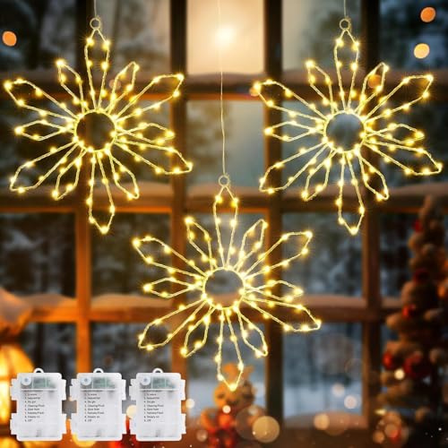 GlobaLink LED Schneeflocken Fensterdeko, 3 Stück 80 LED Weihnachtsfenster Fensterbild Lichter mit Timer warmweißen LEDs batteriebetrieben Weihnachtsleuchte für Weihnachten Schlafzimmer Fenster Deko