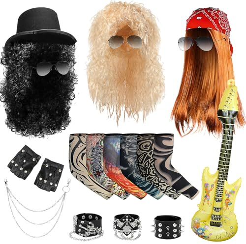 PQHIQ 3 Set Rockstar Fancy Dress, Glam 80s 90s Men Costume Outfit with Heavy Metal Wigs Vintage Headband Sunglasses Gloves Tattoo Sleeves Rock Hard Rocker Accessories World Book Day Costumes