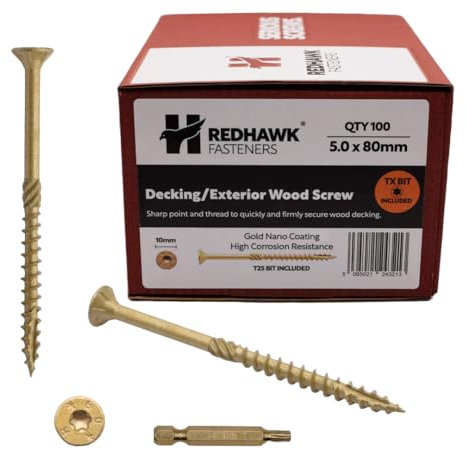 Redhawk Fasteners® Boîte de 100 vis à bois pour terrasse/extérieur 5,0 x 80 mm Revêtement nano doré résistant à la corrosion Entraînement Torx T-25 Embout de tournevis inclus