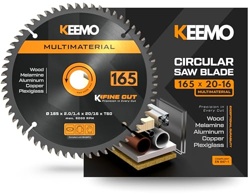KEEMO Lame Scie Circulaire 165 mm Multimateriaux | Coupe fine 2,0 mm | Anti‑vibration & Silencieuse | Bois, stratifiés, pvc & plastiques, alu fin | Bague 20→16 mm incluse | Coupe fine et nette