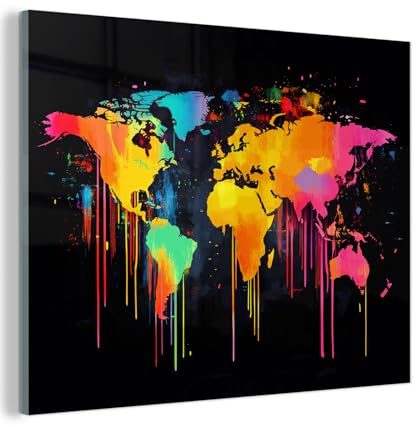 MuchoWow© Glas Wandbild Dekoration Wohnzimmer Bilder Pictures Wall | 80x60 cm - Decoration Living Room Wohnungs Deko Moderne Bild Weltkarte - Farbe - Bunt - Graffiti - Welt