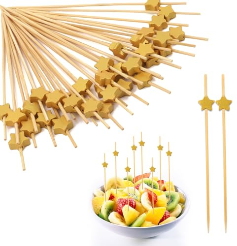 Hopton 100 Pcs Cocktail Sticks, 4.7 inch Bamboo Cocktail Picks | Golden Stars Toothpicks Wooden Skewers,Fruit Skewers,Party Decoration Food Picks for Appetizers,Drinks,Fruits,Snacks,Burgers