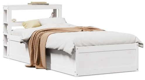 QJBSAVVA Einzelbett 75x190 cm Kiefer Massivholz Weiß mit Kopfteil & Regal Modernes Jugendzimmer Gästebett für Schlafzimmer und Ferienwohnung