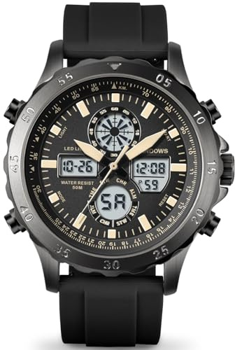 PINDOWS Herrenuhr Digital Analog, Multifunktion Sport Casual | Duales Display, helles Nachtlicht, Wecker, präzise Stoppuhr und spritzwassergeschütztes Design