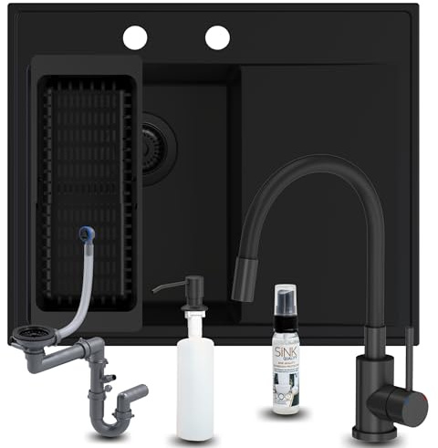 SINK QUALITY Spülbecken Komplettset mit Armatur 60x50 cm - Küchenspüle Schwarz mit Abtropffläche - inkl. Küchenarmatur, Seifenspender, Sieb, Siphon - Einbauspüle links für 40er Unterschrank