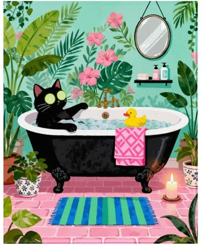 Runovate Cat Paint by Numbers Kit for Adults, Bathroom Art | Pre Printed Numbered Canvas, Acrylic Paints, 3 Brushes, Cosy Reading Room Landscape, Without Frame, Home Wall Decor Gift