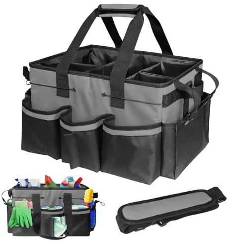 Hojalis Cleaning Caddy Bag with Handle, Large Cleaning Tote Bag Multi-Compartment with Detachable Divider, Oxford CleaningProducts Organiser, Adjustable CleaningProducts Caddy, for Home, Garden