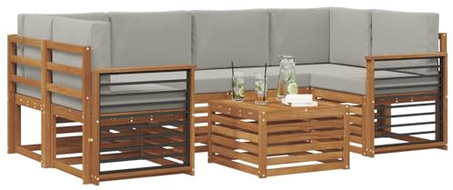 vidaXL Sofagarnituren 7 pcs Natürlich und Hellgrau Massivholz Akazie, Garten-Sofa-Eckgarnitur, strapazierfähiges Lounge-Möbel, modernes Patio-Set für chilliges Terrassenleben