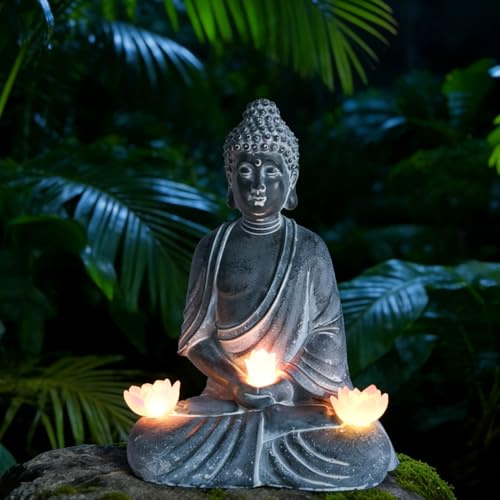 Solar Buddha Figur Garten, Budda Solar Gartendeko für Draußen, Buddha Statue mit Solar Lotus, Wasserdicht Outdoor Garten Statue Solarleuchte Zen Deko Geschenke für Frauen Mama Geburtstag Geschenk (A)