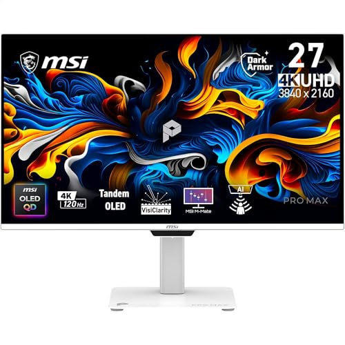 MSI PRO MAX 271UPXW12G 27-Inch 4K 3840x2160 Tandem QD-OLED Monitor, 120Hz, 0.03ms, DarkArmor, Panta Tandem, VisiClarity, M-Mate APP, AMD FreeSync Premium Pro, AI Care Sensor, Dual USB C, KVM