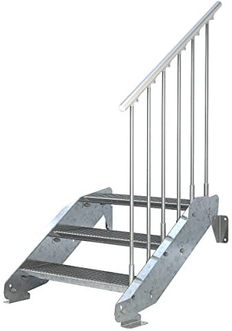 Außentreppe 3 Stufen 80 cm Laufbreite – einseitiges Geländer rechts - Anstellhöhe 42 cm bis 64 cm - Gitterroststufe ST2 - feuerverzinkte Stahltreppe 800 mm Stufenlänge - montagefertiger Bausatz