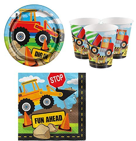 Fancy Me Boys Toddlers 32pc Tableware Set Cups Plates Napkins Construction Digger Builder Themed Birthday Party Tableware Decorations Accessories (Tableware Set)