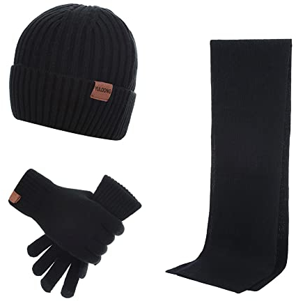 YULOONG Winter Beanie Mütze Schal Touchscreen Fahrhandschuhe 3 in 1 Set für Herren Damen Rippstrick Schwarz