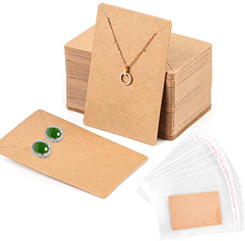 Litthing 100 Stück Ohrring Display Karten mit 200 selbstklebenden Beuteln, Schmuck Displaykarten von Kraftpapier, Halskette Anzeigekarten Ohrringkarten für Schmuck-Display