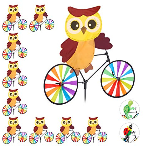 Relaxdays 10 Molinillos de Viento Búho para Terraza, Jardín y Niños, Poliéster y Plástico, Multicolor