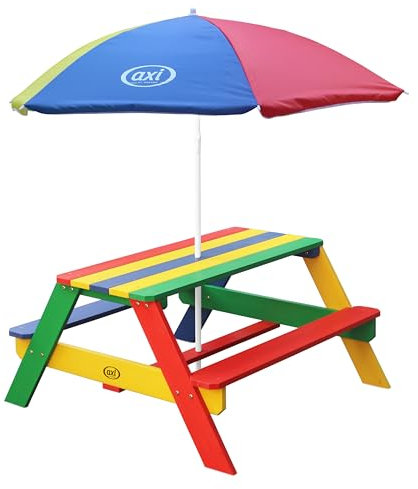 AXI Nick Mesa de Picnic de Madera para ninos | Mesa Infantil en Colores Arco Iris con Parasol para el Jardin-