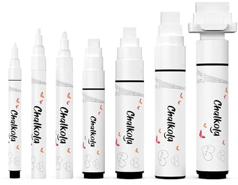 7 weiße Kreide-Marker für Kreidetafeln, Tafeln, Autofenster, Bistro, Glas, 7 Stück – dünne, feine Spitze, große und große radierbare Flüssigkreidestifte (1 mm, 3 mm, 6 mm, 8 mm, 10 mm, 15 mm, 30 mm