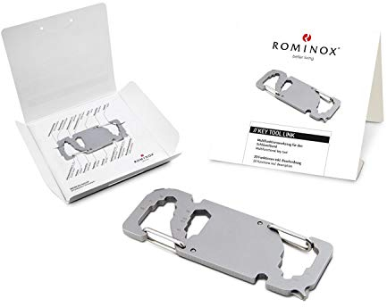 Geschenkartikel: ROMINOX Key Tool // Link – 20 Funktionen, Karabiner, Keytool Schlüsselanhänger, Edelstahl Multitool inkl. Funktionsbeschreibung, Multifunktionswerkzeug, auf Reisen oder Urlaub