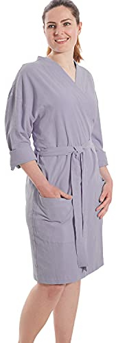 jilda-tex Damen Bademantel Kimono Stone-Washed Renforce Lissabon 100% Bio-Baumwolle Knitterlook Bügelfrei Uni Leinen-Optik GOTS Made in Green