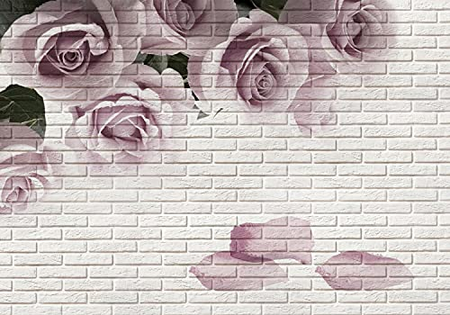 wandmotiv24 Fototapete Rosen Blumen Mauer, L 300 x 210 cm - 6 Teile, Wanddeko, Wandbild, Wandtapete, Vintage Rose Steine weiß M6790