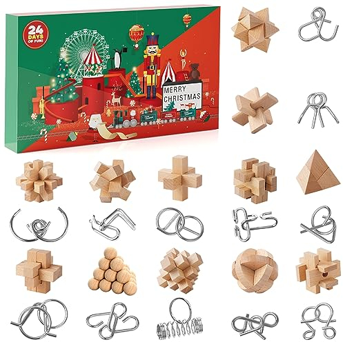 Knobelspiele Adventskalender 2024 für Kinder- 24 Tage Weihnachtskalender Geschenke mit Metall Knobelei und Holzk, 3D Puzzle, Geschicklichkeitsspiele für Jungen, Mädchen, Jugendliche & Erwachsene