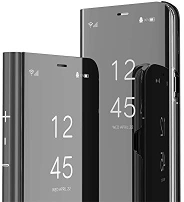 IMEIKONST Flip Mirror for iPhone 13 Case Black QH | Full Body Military Drop Protection, Makeup Clear View Window, PU Leather + TPU Bumper Shockproof Cover, Stand Function