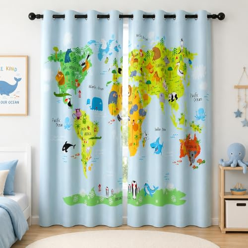 YONGFOTO Tende Oscuranti Mappa del Mondo Animali per Cameretta Bambino | Azzurro Baby Animali del Bosco Avventura Safari Tende Termiche per Camera da Letto con Occhielli 2 Pannelli 140 x 229 cm
