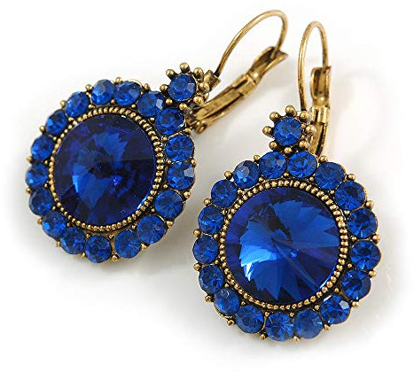 Boucles d'oreilles pendantes en verre bleu saphir 40 mm L avec fermoir dormeuse, métal doré antique, inspiration vintage, taille unique, Verre