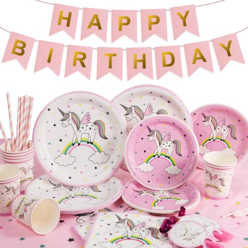Yidaxing 146 pcs Regenbogen Einhorn Einweggeschirr, Regenbogen Einhorn Einweg Party Kit Con Pappbecher Strohhalme Servietten Tischdecke Banner für Kinder Mädchen Geburtstag (24 Gastgeber)
