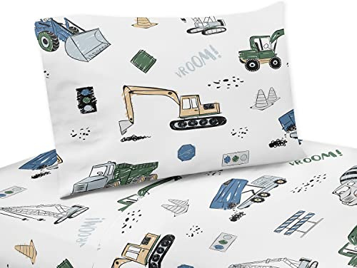 Sweet Jojo Designs Construction Truck Twin Sheet Set - 3 Piece Set - Grey Yellow Black Blue and Green Transportation