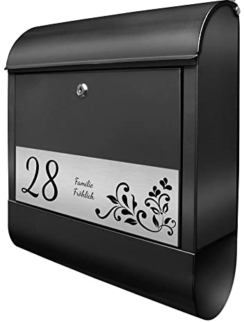 banjado® Briefkasten personalisiert mit graviertem Namensschild in Silber/Briefkasten schwarz 39x47x14cm / Briefkasten mit Hausnummer, Namen & Motiv WT Blaues Ornament/Briefkasten mit Zeitungsfach