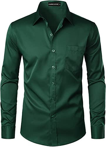 PARKLEES Men's Urban Stylish Casual Business Slim Fit Long Sleeve Button Up Dress Shirt with Pocket Dark Green M