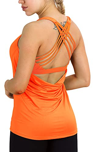 icyzone Damen Sport Tops mit Integriertem BH - 2 in 1 Yoga Gym Shirt Fitness Training Tanktop (S, Neon Orange)