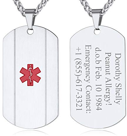 Custom4U Chapa Hombre Alerta Medica Nombres Personalizados Cruz Roja Colgante Placa Rectangular Acero Inoxidable 316L Joyería Identificativa de Abuelos Enfermos Ancianos Niños