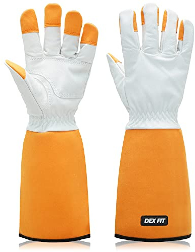 DEX FIT Heavy Duty Leather Gardening Gloves FG310; Thorn-Proof for Rose, Bush Pruning and Garden Work; Firm Grip; Comfortable Fit; Durable Reinforced Palms and Fingertips; Orange L (9) 1 Pair