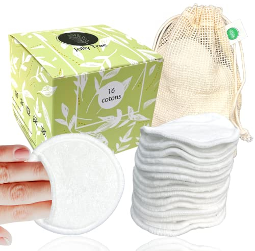 Coton Démaquillant Lavable Jolly Tree (lot de 16) avec filet à linge lavable | Disques Velours | Lingettes démaquillantes lavables et réutilisables BIO | Zéro Déchet
