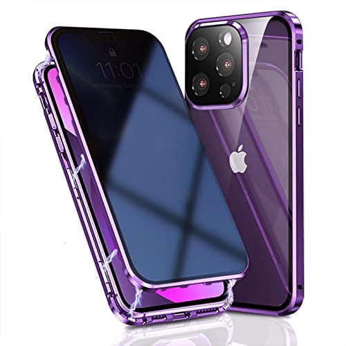 OMGZONE Privacy Case for iPhone 14 Pro Magnetic Cover,Screen Protector built-in Anti-peep Tempered Glass Full Cover with Camera Protector,360 Degree Metal Bumper Case for iPhone 14 Pro,Purple