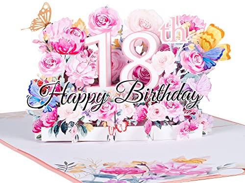3D Geburtstagskarte zum 18.Geburtstag,Pop Up Karte zur Volljährigkeit Geburtstagsparty,Blumen Rosa,Happy Birthday Grußkarten,Jubiläumskarte Klappkarte,mit Nachrichtenkarte und Umschlag