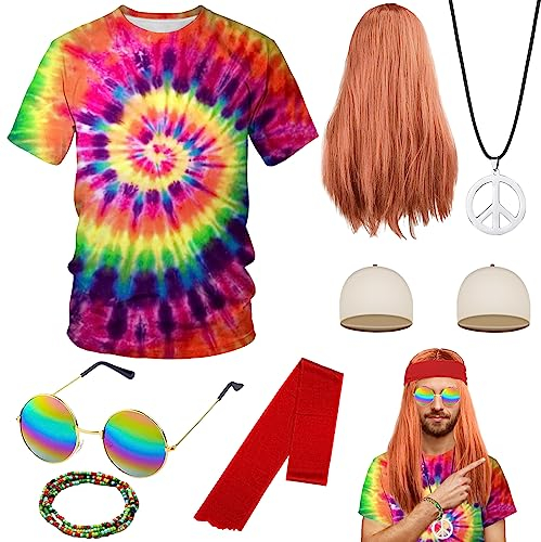 8 Stücke Hippie Kostüm Herren Damen, 70er Hippie Accessories mit Perücke Hippie T-Shirt Retro Brille Peace Halskette Stirnban Armbänder für 60er 70er 80er Jahre Party Karneval