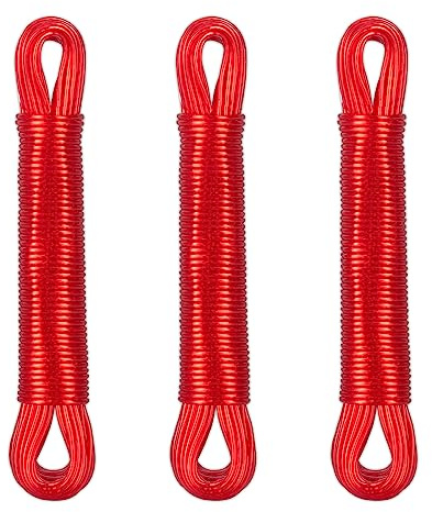 Relaxdays Set 3 Cuerdas Tendedero 20 m, Cordeles Colgar Ropa, de Poliéster y PVC, Tensables, Extra Resistentes, Rojo