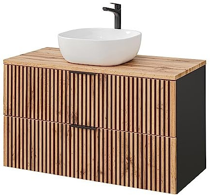 Lomadox Waschtisch Unterschrank Waschtischplatte Keramik Aufsatzwaschbecken anthrazit mit Eiche Nb. schwarz gerillt 100,6x74,2x46,5 cm (BxHxT)