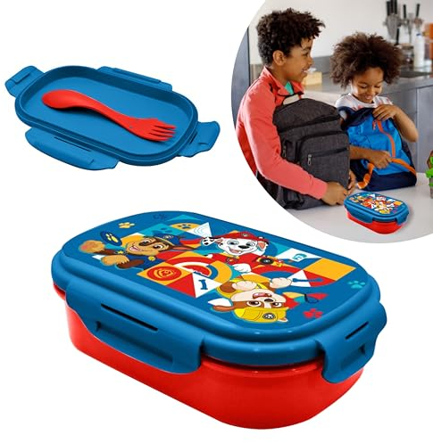 Paw Patrol Sandwichbox für Kinder, auslaufsicher, wiederverwendbar, Reise-Lunchbox, Lebensmittelaufbewahrungsbehälter mit 2 Fächern und Besteck, BPA-frei, mikrowellen- und spülmaschinenfest, ab 3