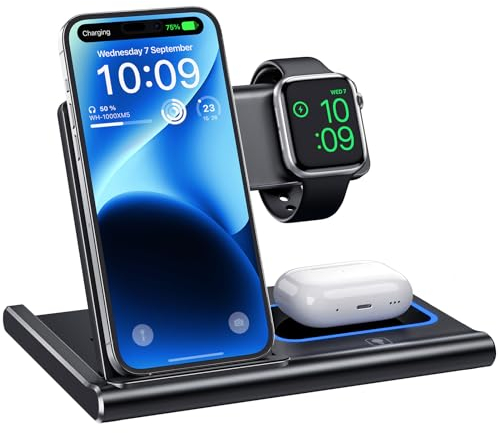EXW 3 in 1 Induktive Ladestation,Wireless Charger für Apple Watch, Apple Ladestation Kompatibel mit iPhone 16 15 14 13 12 11 Pro & Max Serie, AirPods Pro/3/2, Apple Watch (Schwarz)